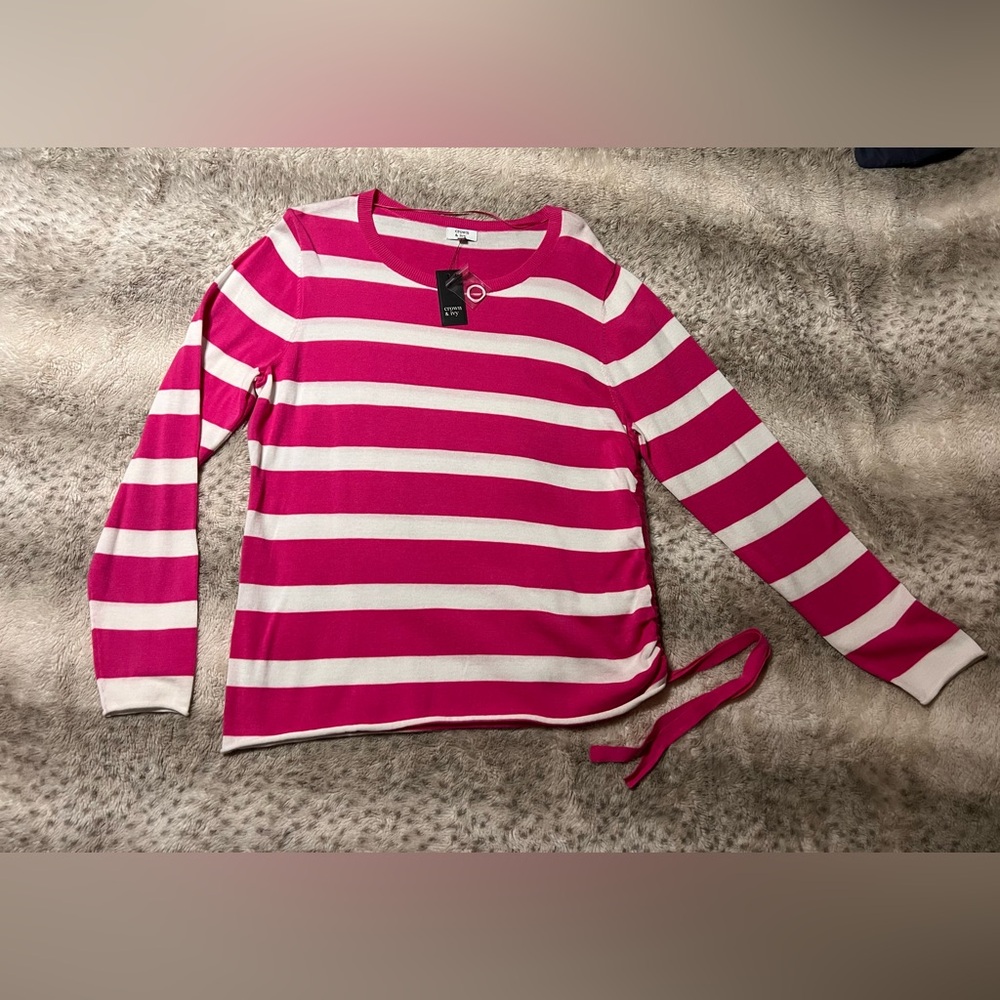 CROWN & IVY Light Weight Cotton Knit Sweater Pink White Stripe Ruched XL NWT